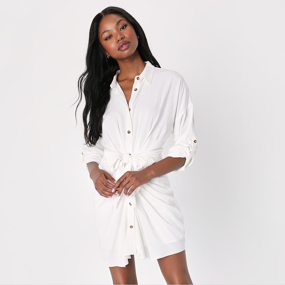 LULU’S Charming Confidence White Collared Button Up Mini Dress - Picture 2 of 5